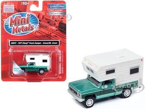 1977 Chevrolet Fleetside Pickup Truck with Camper Light Green Metallic and Dark Green "Mini Metals" Series 1/87 (HO) Scale Model Car by Classic Metal