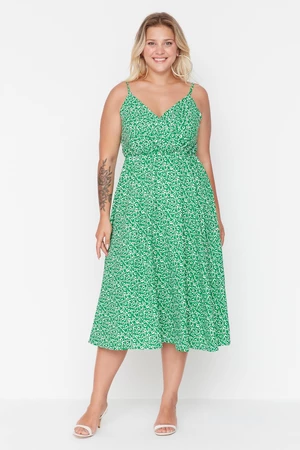 Trendyol Curve Green A-line Knitted Double Breasted Collar Floral Print Dress