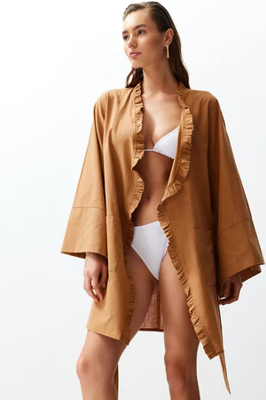 Trendyol Brown Belted Mini Woven Ruffle 100% Cotton Kimono&amp;Kaftan