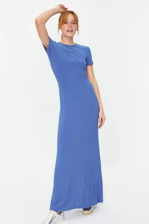 Trendyol Blue Short Sleeve Bodycone/Fitting Crew Neck Stretchy Knitted Maxi Pencil Dress