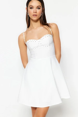 Trendyol Ecru Waist Opening/Skater Lined Woven Shiny Stone Bridal Evening Dress