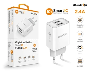 Chytrá síťová nabíječka ALIGATOR 2.4A, 2xUSB, smart IC, bílá