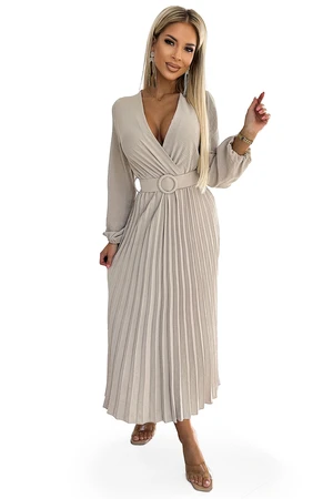 Pleated midi dress with a neckline, long sleeves and a wide Numoco belt