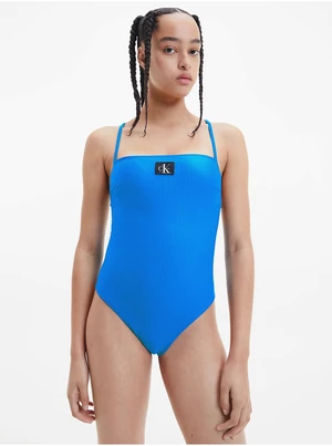Modré dámské žebrované jednodílné plavky Calvin Klein Underwear - Dámské