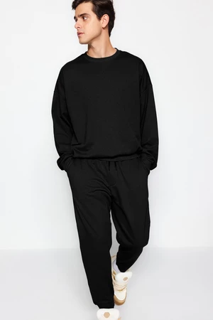 Trendyol Men's Black Oversize Long Sleeve Labeled Fleece Fleece Tracksuit