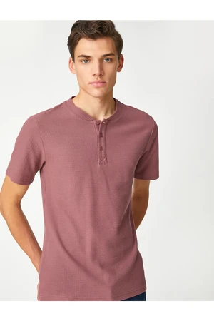 Koton Basic T-shirt With a Wide Collar Buttons, Slim Fit Short Sleeves