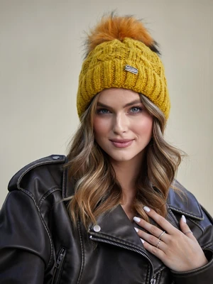 Mustard winter hat with glittering thread with braids