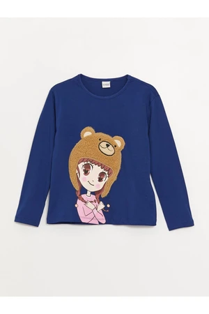 LC Waikiki Girl's T-Shirt with a Crew Neck Printed Long Sleeve