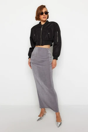 Trendyol Gray Premium with a Glossy Finish and Soft Textured Drape Maxi Knitted Skirt