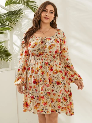 Plus Size Square Neck Floral Print Shirring Backless Design Dress