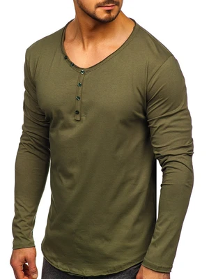 Khaki pánske tričko s dlhými rukávmi bez potlače Bolf 5059