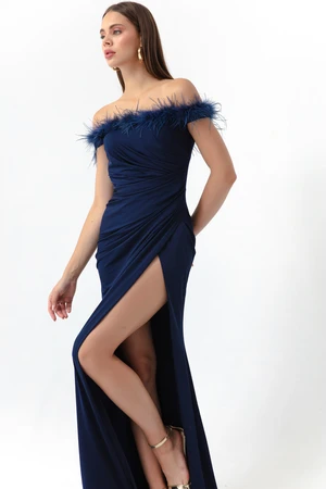 Lafaba Women's Navy Blue Ribbed Boat Neck Slit Long Evening Dress