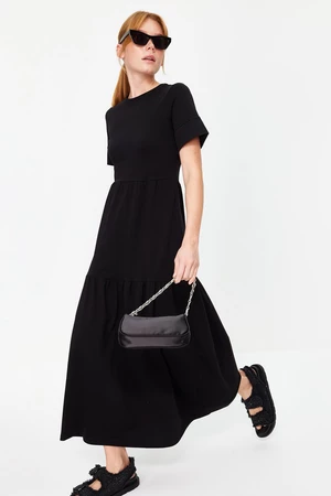 Trendyol černé nabírané krátké rukávy pletené maxi šaty