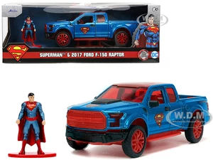 2017 Ford F-150 Raptor Pickup Truck Blue Metallic and Red with Red Interior and Superman Diecast Figure "DCs Superman" "Hollywood Rides" Series 1/32