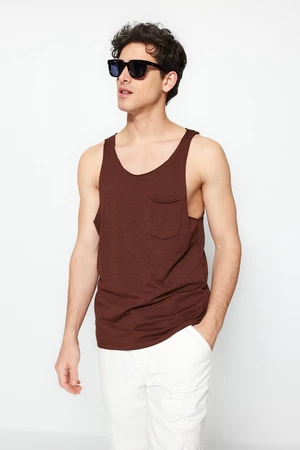Trendyol Brown pánsky bežný/pravidelný strih 100% bavlnené vreckové tričko bez rukávov/športovec.
