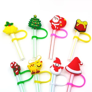 Christmas Straw Cover Silicone Tips Drinking Dust Cap Santa Snowman Straw Stopper Reusable Christmas Party Straw Decoration