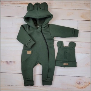 Oteplený dětský overal bez šlapek s kapucí + čepička, 2D, khaki, vel. 68 (3-6m)