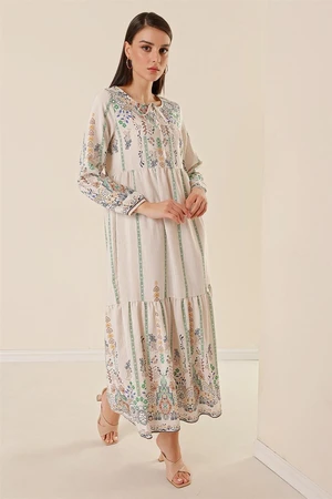 By Saygı Ethnic Pattern Long Linen Dress Green