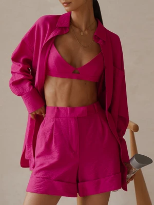 Marthaqiqi Long Sleeve Women Pajama 3 Piece Set Turn-Down Collar Sleepwear Sexy Lingerie Nightwear Shorts Casual Ladies Homewear