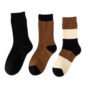 Classic black brown color matching cotton socks with cuffs for men and women spring autumn casual comfortable mid length socks