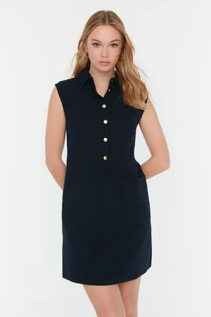 Trendyol Navy Blue egyenes szabású zsebes inggallér Mini szőtt vászon megjelenésű ruha