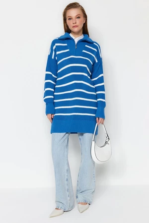 Trendyol kék csíkos galléros cipzáras kötöttáru pulóver