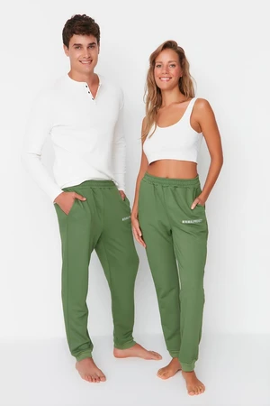 Trendyol Khaki Unisex Běžný / Normální Střih Tištěné Pletené Elastické Nohy Tlusté Bavlněné Tepláky