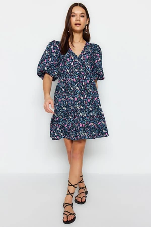 Trendyol Navy Blue Wide Cut Floral Print Mini Woven Dress