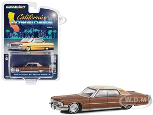 1973 Cadillac Sedan DeVille Dark Brown Metallic with Light Brown Pinstripes and White Top "California Lowriders" Series 4 1/64 Diecast Model Car by G