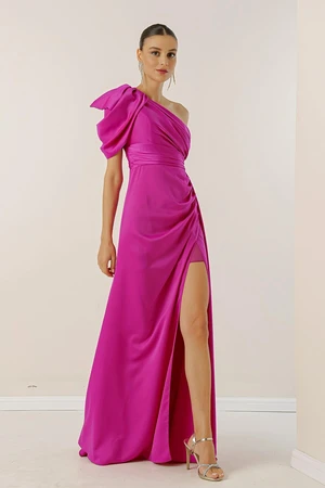 By Saygı Long Sleeve Satin Dress With Draping and Lined