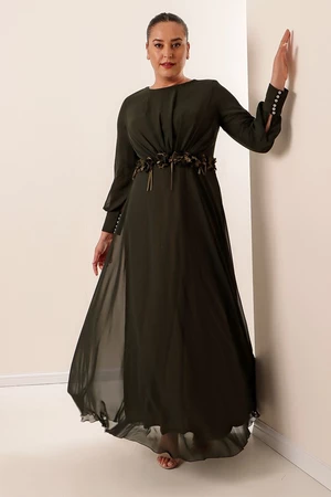 By Saygı Lined Long Chiffon Dress with Floral Detail Wide Sizes Dark Indigo.