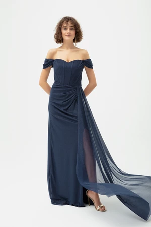 Lafaba Women's Navy Blue Underwire Corset Detailed Silvery Long Evening Dress