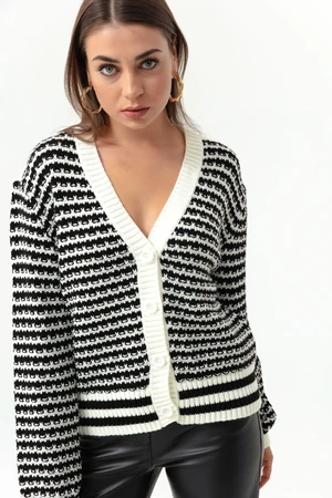 Lafaba Women's Ecru Striped Button Detailed Oversized Knitwear Cardigan
