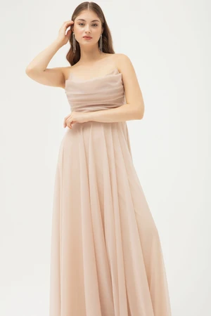 Lafaba Women's Beige Bust Draped Slit Flared Silvery Evening Dress