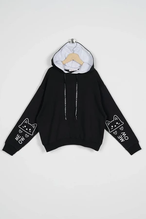 zepkids Girl's Sleeve Detail Meow Printed Hoodie.