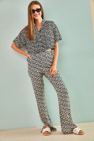 Bianco Lucci Women's Colorful Viscose Short-Sleeve Shirt and Slit Pants Tops Set