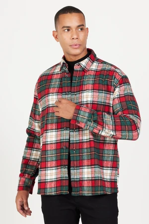 AC&Co / Altınyıldız Classics Men's Red Khaki Oversize Loose Cut Button Collar Plaid Patterned Lumberjack Winter Shirt Jacket