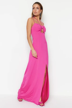 Trendyol Fuchsia Lined Knitted Evening Dress with Window/Cut Out Detail