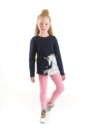 Mushi Believe Unicorn Girl Child's Navy T-shirt with Pink Leggings Set.