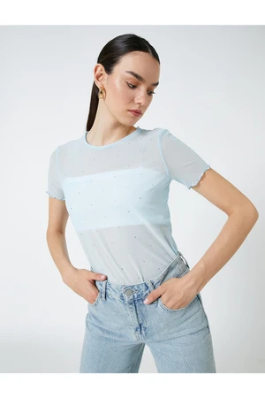 Koton See-through T-shirt with Stone Detailed Short Sleeves.