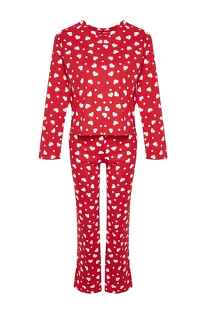 Trendyol Red 100% Cotton T-shirt-Pants with Heart and Knitted Pajamas Set