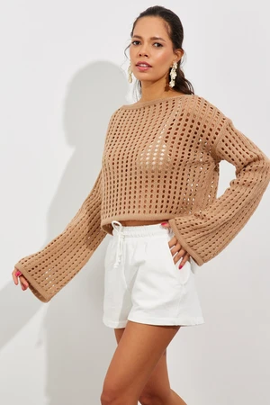 Cool & Sexy Women's Camel Spanish Knitwear Short Blouse with Openwork Sleeves