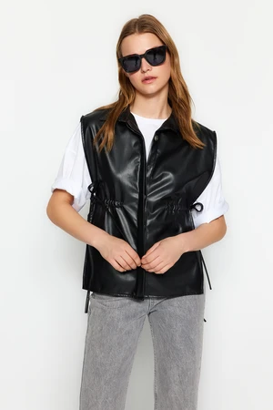 Trendyol Black Regular Faux Leather Gathered Vest