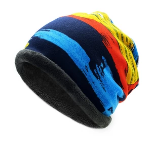Mens Womens Winter Plus Cashmere Stripe Beanie Scarf Outdoor Warm Multi-function Bonnet Hat