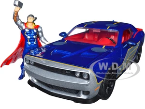 2015 Dodge Challenger SRT Hellcat Dark Blue with Graphics and Red Interior and Thor Diecast Figure "The Mighty Thor" "Marvel" Series 1/24 Diecast Mod