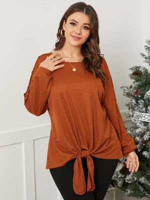 Plus Size Crew Neck Button Design Knotted Sweater