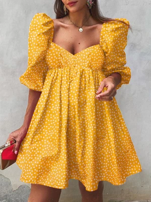 Women Puff Sleeve Thigh Pleating Puff Sleeve Length Floral Midi Dresses