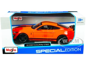 2020 Ford Mustang Shelby GT500 Bright Orange with Black Stripes 1/24 Diecast Model Car by Maisto