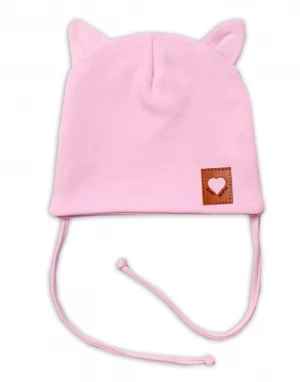 Baby Nellys Bavlněná dvouvrstvá čepice s oušky na zavazování FOX - růžová, vel. 56-62 (0-3m)