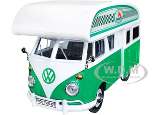 Volkswagen Type 2 (T1) Camper Van Green and White "Outdoor Camping Explore the Forest" 1/24 Diecast Model Car by Motormax